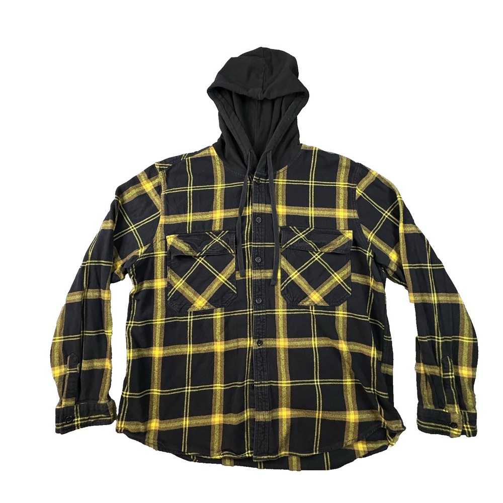 Original Use Men's XL Black Yellow Plaid Hooded Flannel Shirt Jacket Shacket
